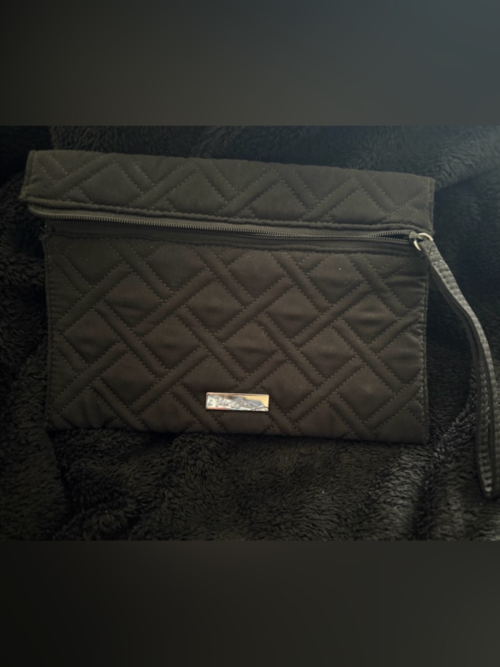 Vera Bradley Quilted Black Fabric Wristlet with Logo Plate